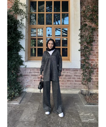 Simli Fermuarlı Triko Takım - Siyah