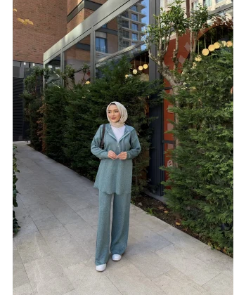 Simli Fermuarlı Triko Takım - Yeşil