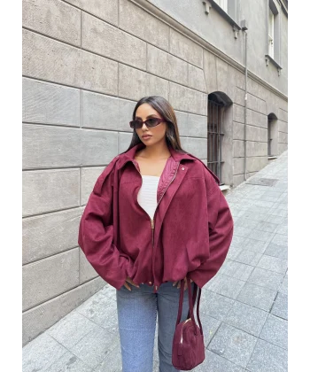 Süet Kumaş Bomber Ceket - Bordo