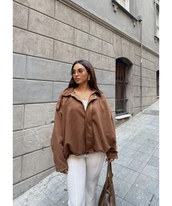 Süet Kumaş Bomber Ceket - Kahve