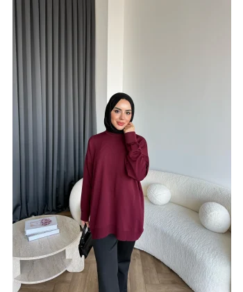 Sümy Kol Katlamalı Triko Kazak - Bordo