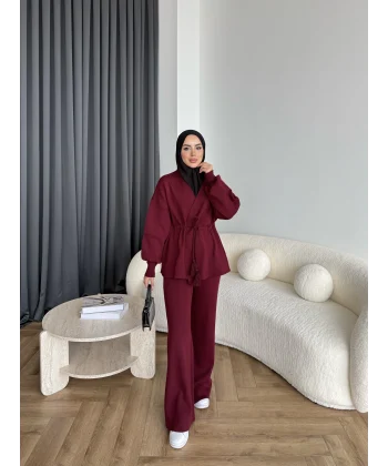 Sursula Ön Bağlamalı Triko Takım - Bordo