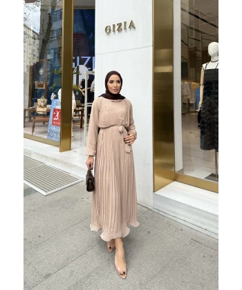 Talia Piliseli Şifon Elbise - Bej