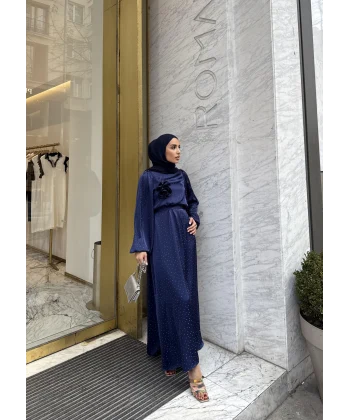 Taşlı Saten Elbise - Lacivert