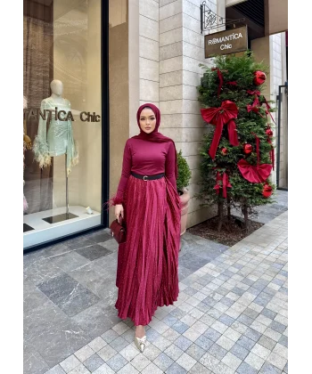 Taşlı Saten Etek - Bordo