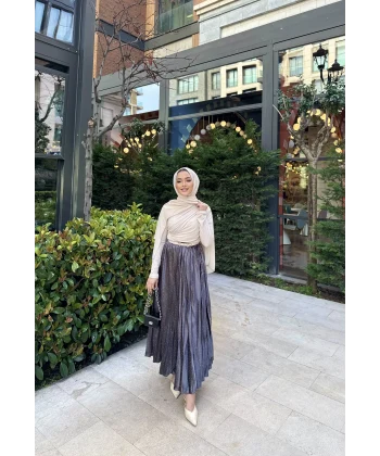 Taşlı Saten Etek - Gri