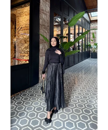 Taşlı Saten Etek - Siyah