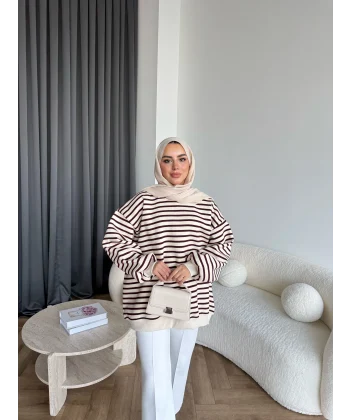 Twist Çizgili Sweat - Bordo