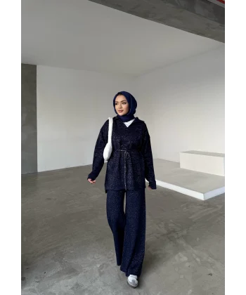 V Yaka Simli Triko Takım - Lacivert