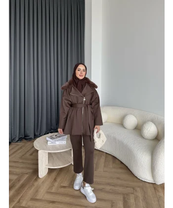 Vare Yakası Kürklü Scuba Takım - Acı Kahve