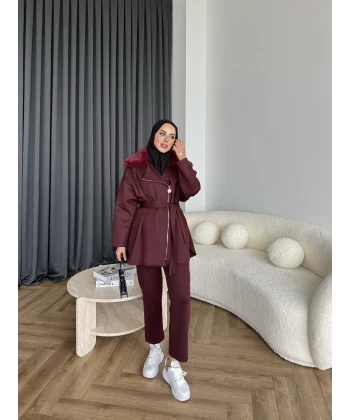 Vare Yakası Kürklü Scuba Takım - Bordo