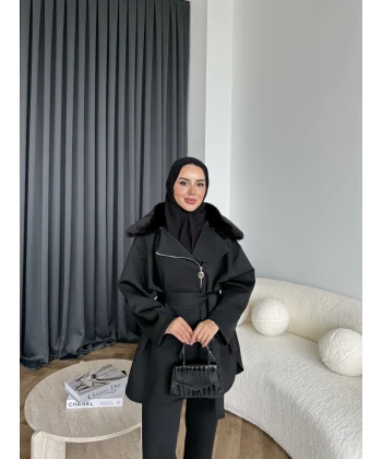 Vare Yakası Kürklü Scuba Takım - Siyah