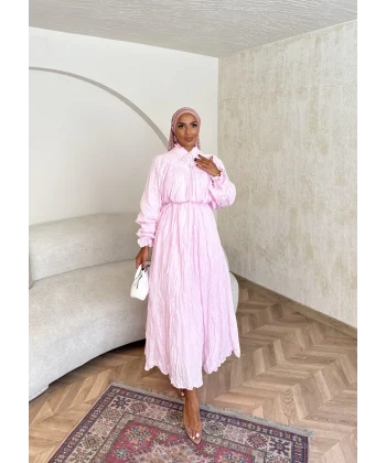 Veluna Kırışık Elbise - Pembe