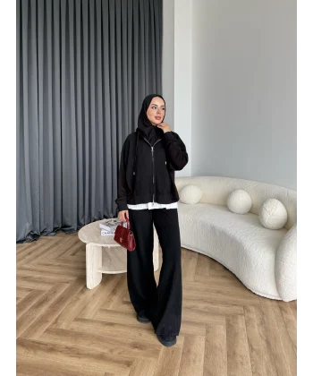 Venusa Kapşonlu Triko Takım - Siyah