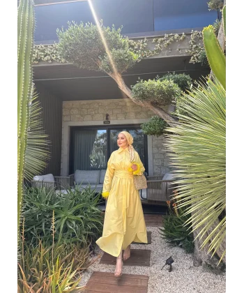 Woun Kol Detay Elbise - Sarı