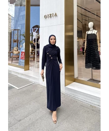 Yamore Gold Düğme Detaylı Elbise - Lacivert