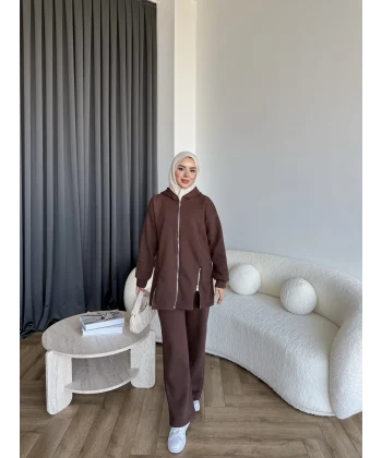 Yan Fermuarlı 3 İplik Takım - Acı Kahve