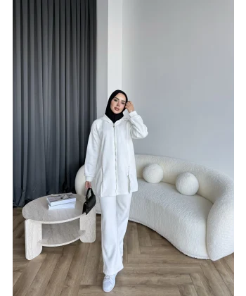 Yan Fermuarlı 3 İplik Takım - Beyaz