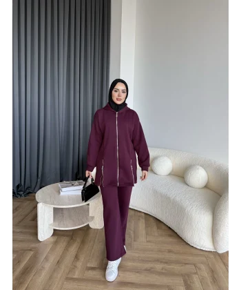 Yan Fermuarlı 3 İplik Takım - Bordo