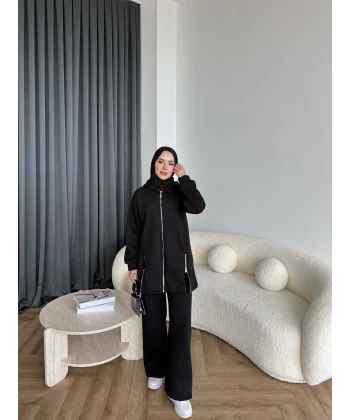 Yan Fermuarlı 3 İplik Takım - Siyah