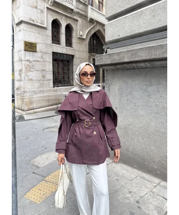 Yarasa Kollu Kruvaze Lupin Kot Ceket - Bordo