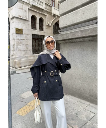 Yarasa Kollu Kruvaze Lupin Kot Ceket - Mavi