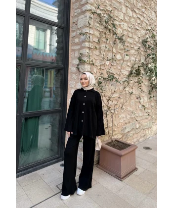 Zeyn Düğmeli Triko Takım - Siyah