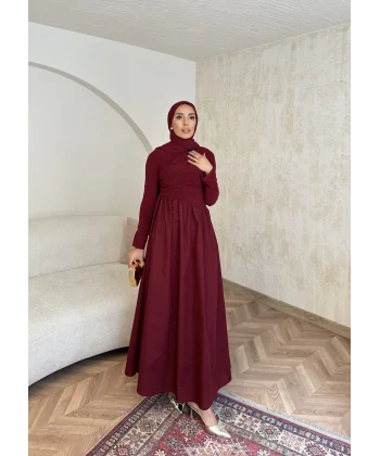 Zeynep Büzgü Detaylı Elbise - Bordo