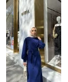 Balon Kol Krep Elbise - Lacivert