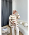 Çizgili Triko Takım - Bej