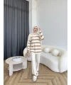Çizgili Triko Takım - Bej