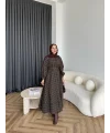 Doria Kareli Elbise - Koyu Kahve