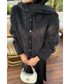 Gold Düğmeli Peluş Hırka - Siyah