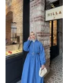 Kemerli Balon Kol Elbise - Mavi