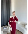 Lizge Yaka Detaylı Triko Elbise - Bordo