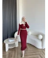 Lizge Yaka Detaylı Triko Elbise - Bordo