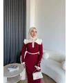 Lizge Yaka Detaylı Triko Elbise - Bordo