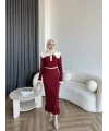 Lizge Yaka Detaylı Triko Elbise - Bordo