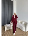 Monica Yakası Kürk Detaylı Takım - Bordo