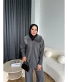 Monica Yakası Kürk Detaylı Takım - Gri