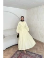 Nervür Bağlamalı Vual Elbise - Sarı -