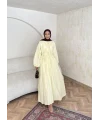 Nervür Bağlamalı Vual Elbise - Sarı -