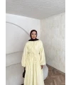 Nervür Bağlamalı Vual Elbise - Sarı -