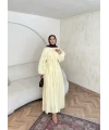 Nervür Bağlamalı Vual Elbise - Sarı -