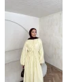 Nervür Bağlamalı Vual Elbise - Sarı -