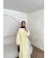 Nervür Bağlamalı Vual Elbise - Sarı -