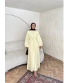 Nervür Bağlamalı Vual Elbise - Sarı -