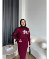 Pls-Çiçek Detay Jile Elbise - Bordo