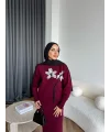 Pls-Çiçek Detay Jile Elbise - Bordo