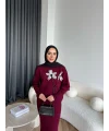 Pls-Çiçek Detay Jile Elbise - Bordo